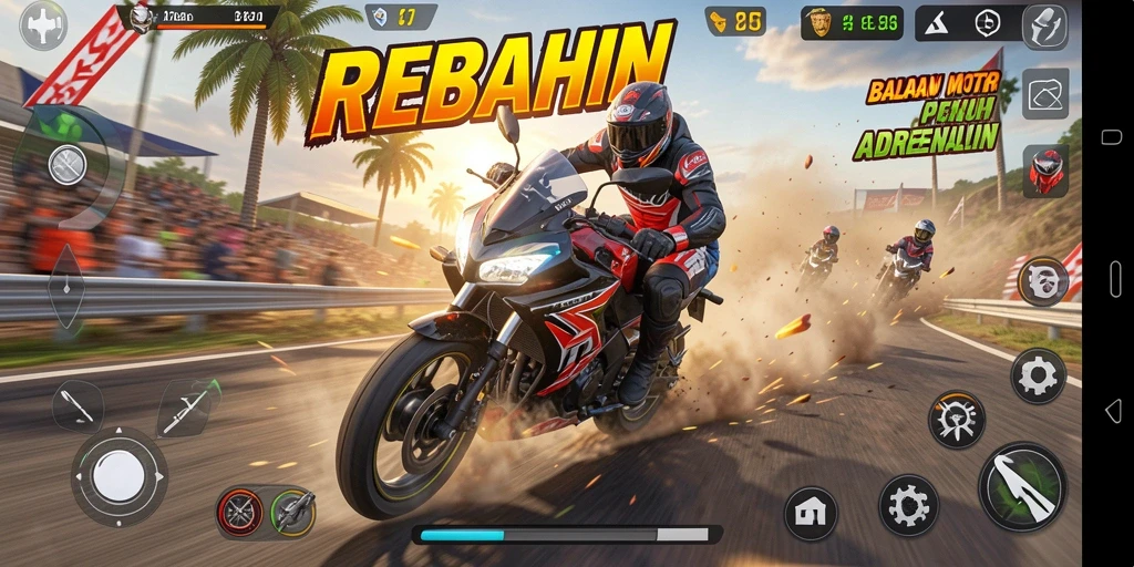 Tampilan gameplay balapan motor REBAHIN yang seru dan dinamis.