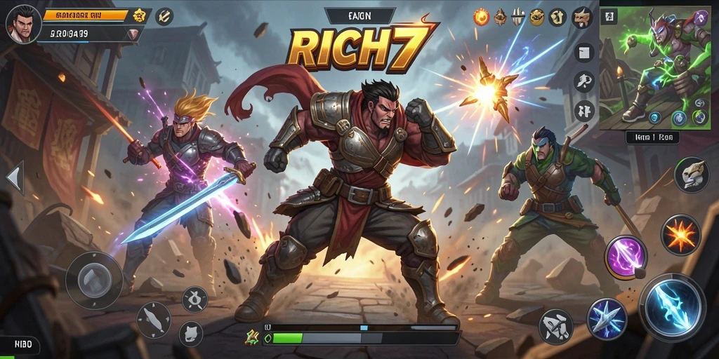 Screenshot gameplay RICH7 menampilkan aksi pertarungan yang mendebarkan.