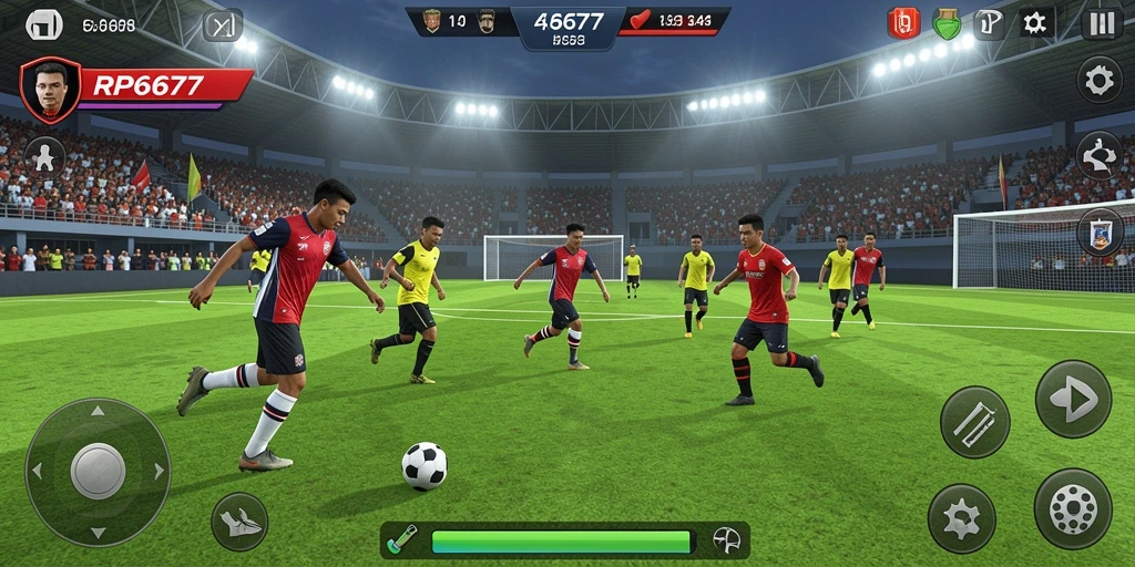 Screenshot gameplay RP6677 menampilkan aksi seru dalam pertandingan sepak bola.