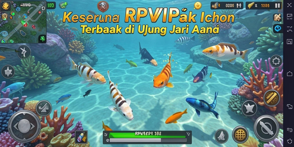 Tampilan gameplay seru dalam RPVIP6 dengan berbagai senjata dan ikan.