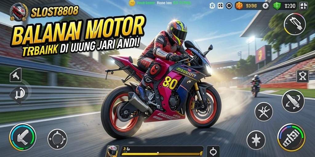 Screenshot gameplay SLOST8808 menampilkan balapan motor yang mendebarkan di trek yang beragam.