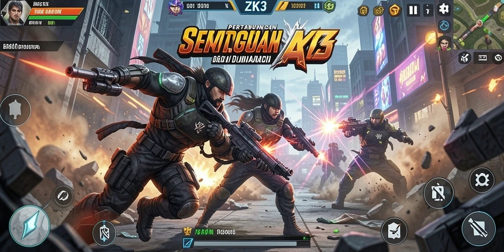 Screenshot utama ZK3 menampilkan aksi seru dan pertarungan mendebarkan.